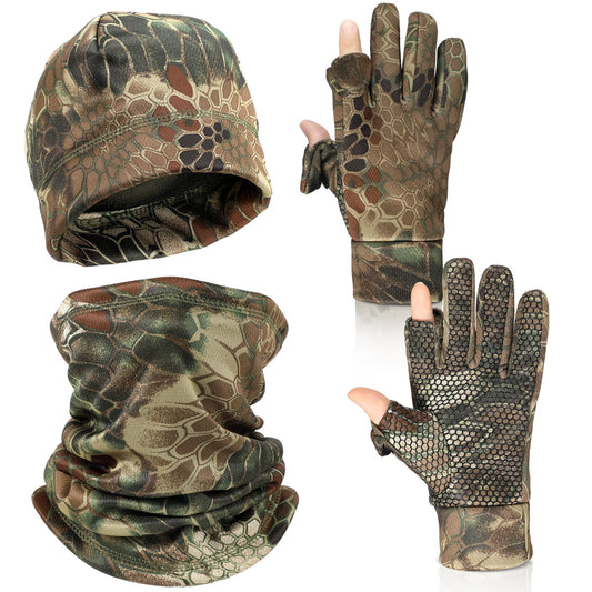 Janmercy 3 Pcs Camouflage Hunting Gloves Beanie and Scarf Set for Men Women Cold Weather Hunting Accessories(Classic Color,Camo)