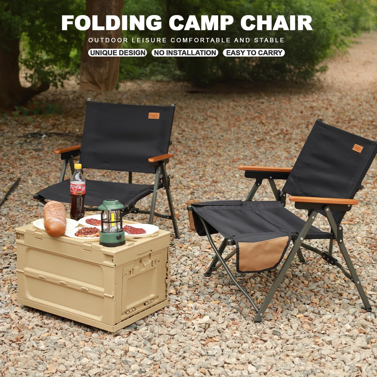 FEIWOOD GEAR Folding Camping Chair, Lightweight Portable Chair Wood Armrest with Side Pockets, Cup Holder for Camping, Picnic, Concert, Beach, Fishing, Outdoor