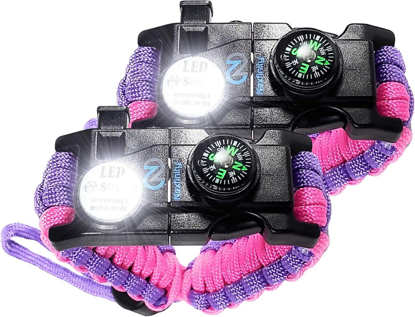 Survival Paracord Bracelet - Tactical Emergency Gear Kit with SOS LED Light, 550 Grade, Adjustable, Multitools, Fire Starter, Compass, and Whistle - Set of 2