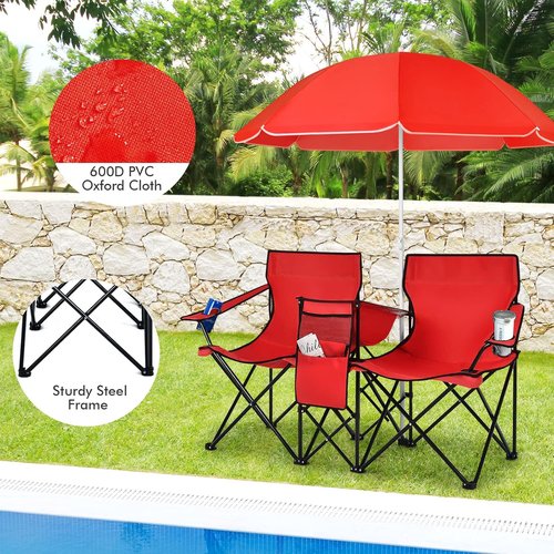 COSTWAY Double Portable Picnic Chairs, Folding Camping Chairs w/Detachable Umbrella, Cooler Bag, Cup Holders, Patio Beach Camping Chairs for Outdoors, Blue