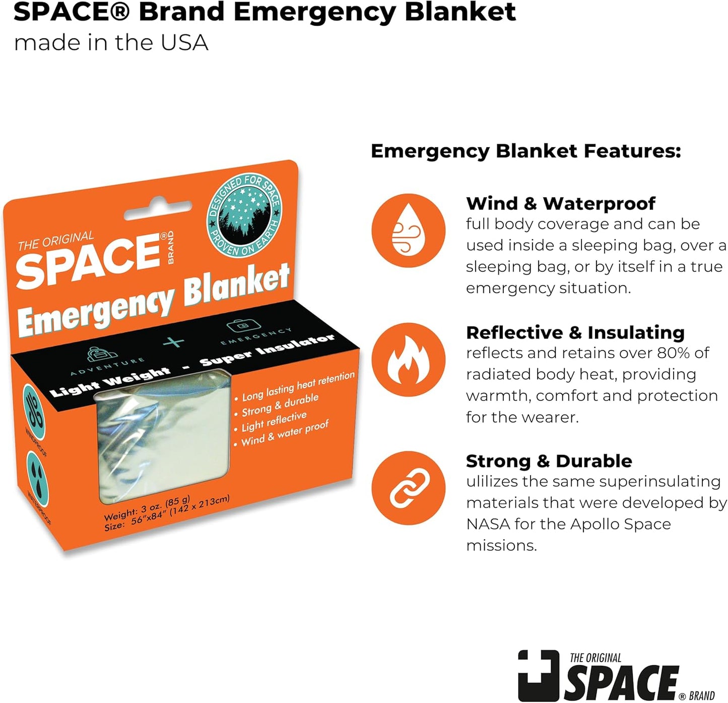 Outdoors The Original Space Brand Emergency Survival Blanket, Silver, 3oz. 56" X 84"
