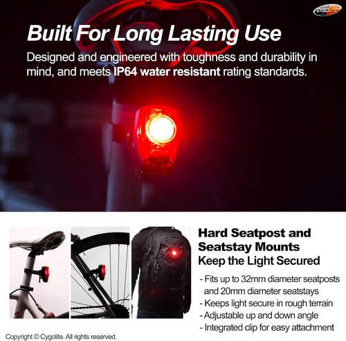 CYGOLITE Hotshot– 100 & 50 Lumen & 2W Bicycle Taillight Models– 6 Night & Daytime Modes– User Tunable Flash Speed– Compact– IP64 WaterResistant– Secure Hard Mount– USB Recharging– Great for Busy Roads