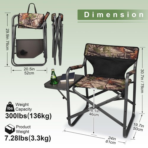 CAMPHILL Directors Camping Chairs-Lightweight Folding Lawn Chairs with Side Table-Outdoor Foldable Camp Chair for Hunting Fishing Travel-Camouflage,Heavy Duty Support 300lbs