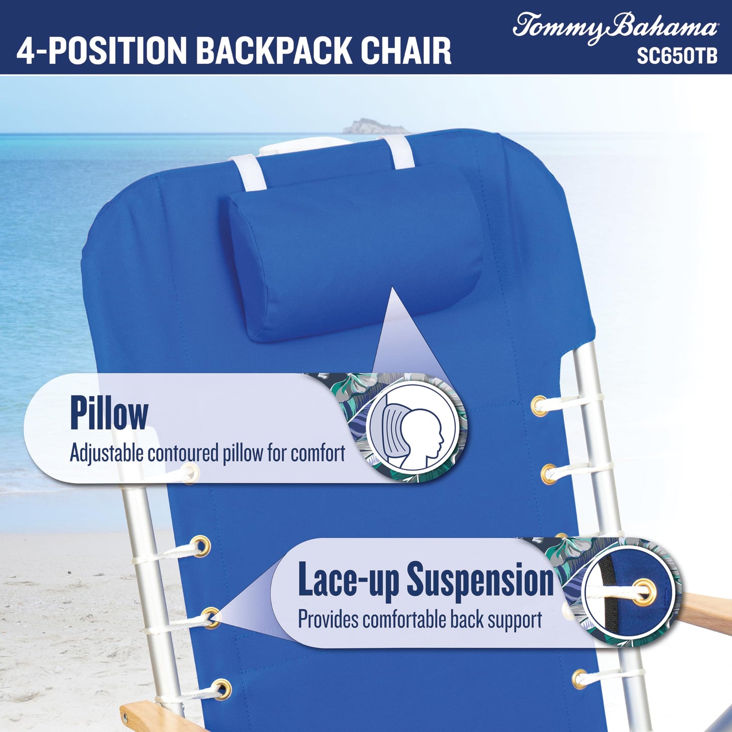 Tommy Bahama Hi-Boy 17" Seat Height 4-Position Lace-Up Suspension Folding Beach Backpack Chair, 2-Pack, Stripe