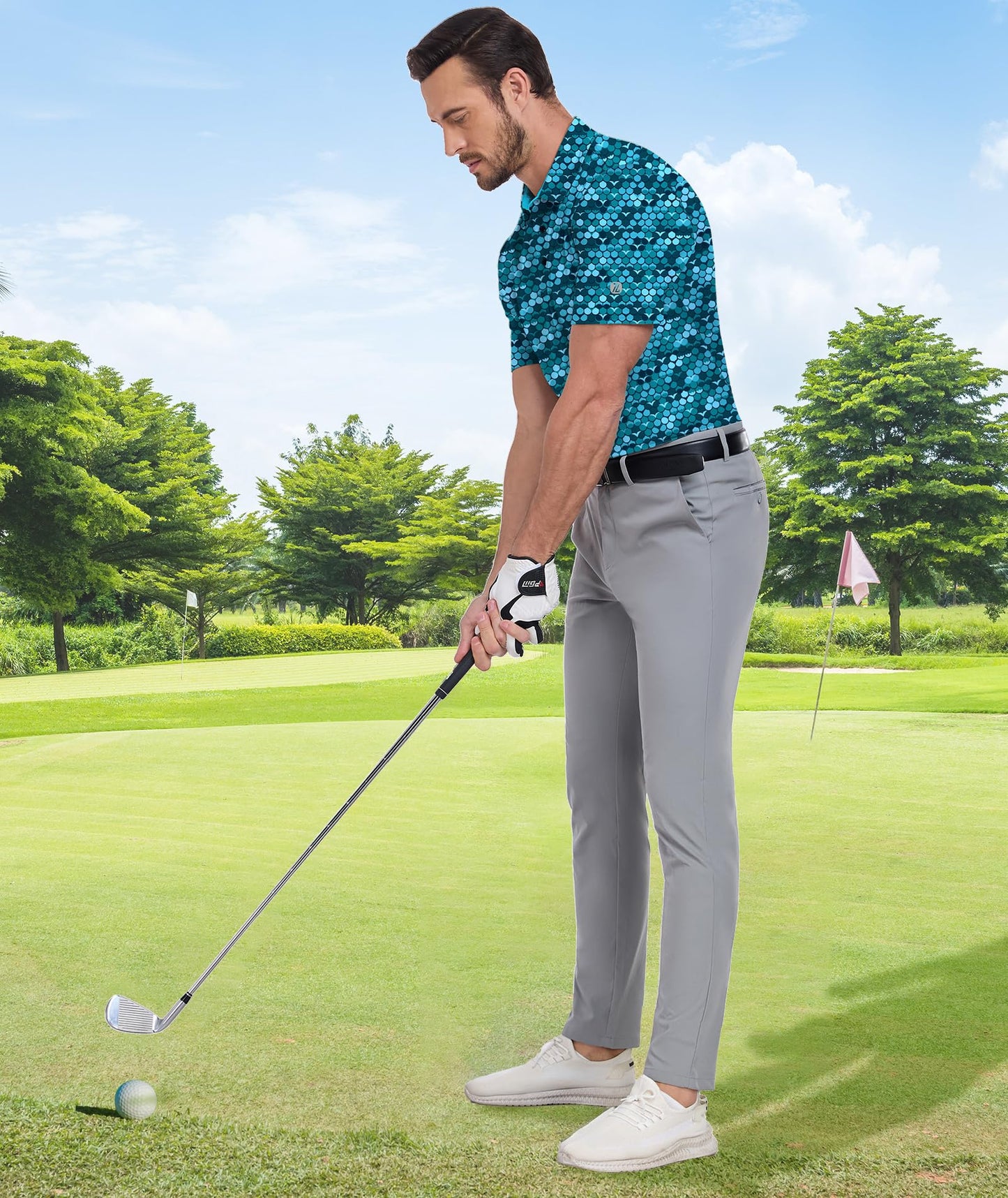 ZITY Mens Golf Shirt Short Sleeve Moisture Wicking Performance Daily Casual Print Patterns Collared Golf Polo Shirts for Men Cyan Large