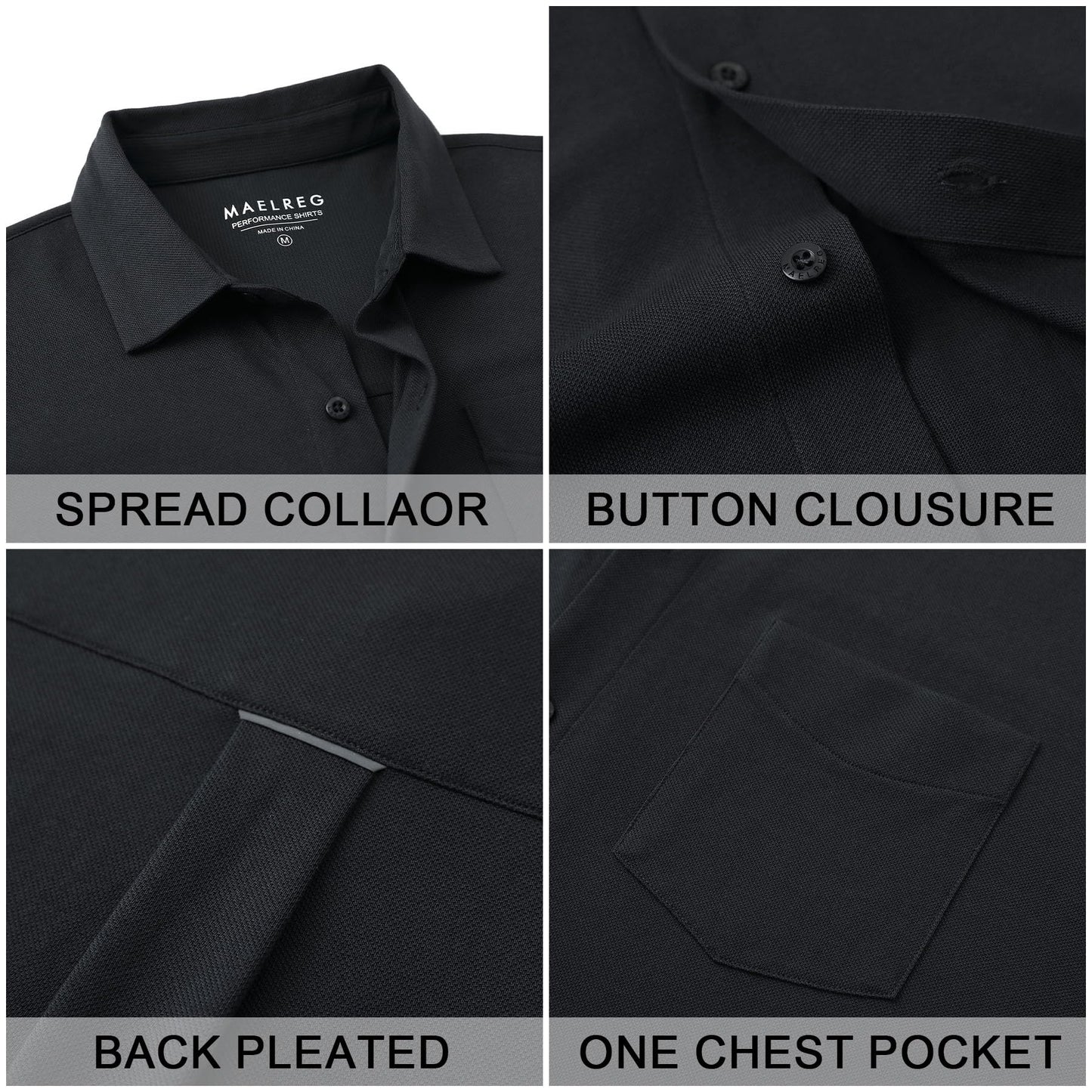 M MAELREG Mens Short Sleeve Button Down Shirt Pique Performence Business Cotton Blend Casual Fitted Shirt for Men Black
