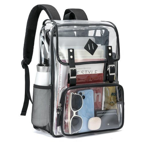 NEOREAL Clear Backpack Large Capacity Heavy Duty Transparent PVC Backpack with Leather Trim for Women College Work Travel