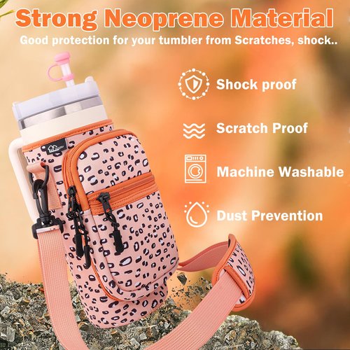 Water Bottle Carrier Bag with Strap Tumble Carrier Bag Pouch with Phone Pocket Strap for Stanley Cup Accessories 40 oz Water Bottle Holder Sling with Strap, 2PC Straw Cover and 1pc Carabiner