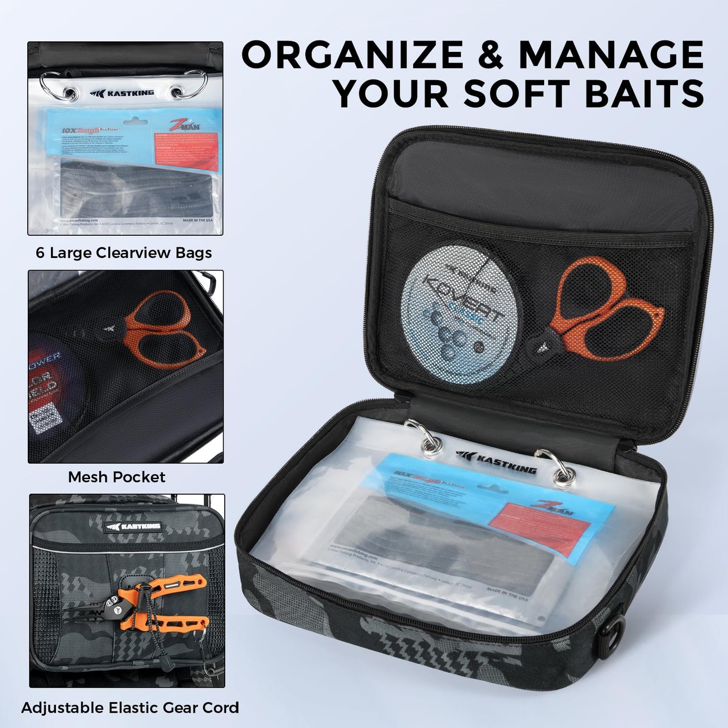 KastKing BaitSpace Detachable Bait Binder Tackle Bag – Large Clear Sleeves, Durable 900D Water-resistant Fabric, Soft Plastic Bait Storage For Hooks, Sinkers & Fishing Accessories