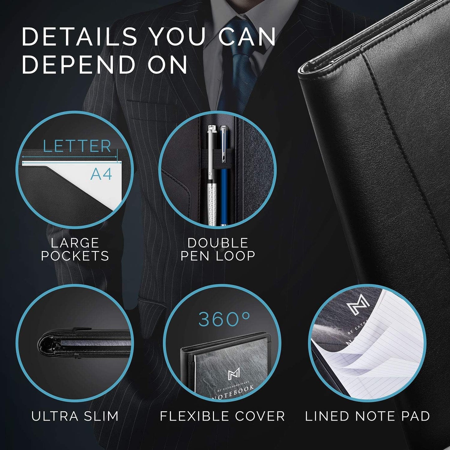 NERO MANETTI- Leather Portfolio Folder - Business PU Leather Portfolio Notepad Holder for Resumes, Legal Pad Portfolio Executive Binder, Professional Padfolio Notebook for Women/Men