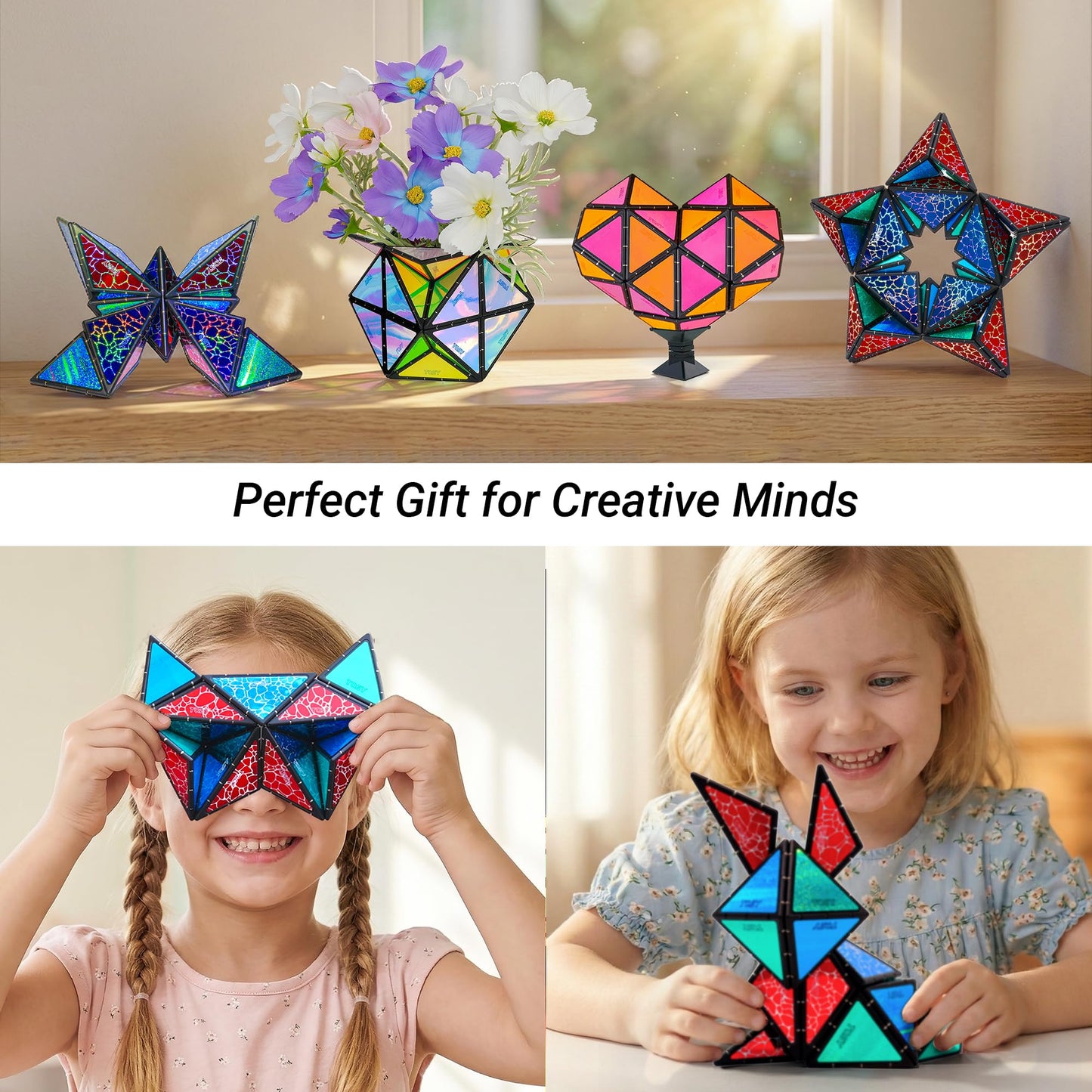 TOSY Magnet Pyramid Glow - 1 Cube Transforms into 1 Billion Shapes (Bunny, Egg, Flowers, Hearts), Easter Basket Stuffers Gift, 12 pcs, 243 Magnets, Glowing, Holographic Design, Puzzle/STEM Toy