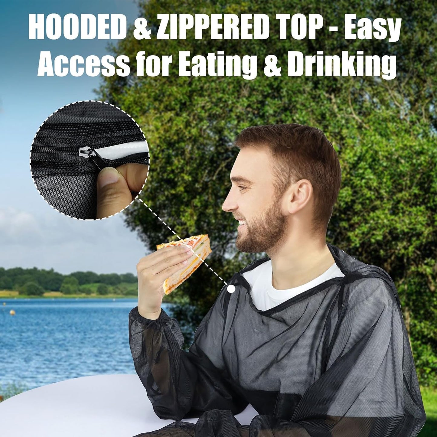 HOMEYA Bug Jacket L/XL, Anti Mosquito Netting Suit with Zipper on Hood Ultra-fine Mesh Pants Mitt Socks with Free Carry Pouch for Protecting Hunting Fishing Men Women