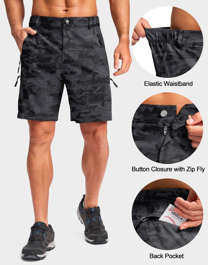 Pudolla Men's Hiking Cargo Shorts Lightweight 7" Travel Casual Shorts for Men Golf Work Outdoor with 5 Zipper Pockets(Black Camo XX-Large)