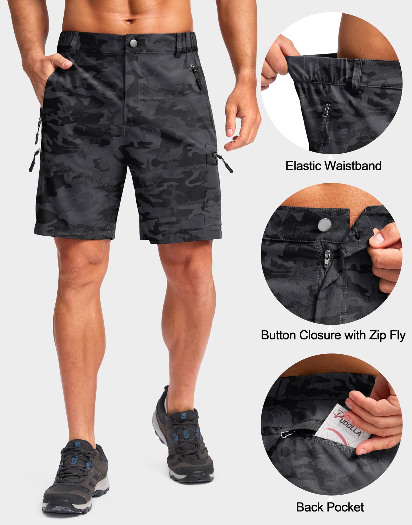 Pudolla Men's Hiking Cargo Shorts Lightweight 7" Travel Casual Shorts for Men Golf Work Outdoor with 5 Zipper Pockets(Black Camo XX-Large)