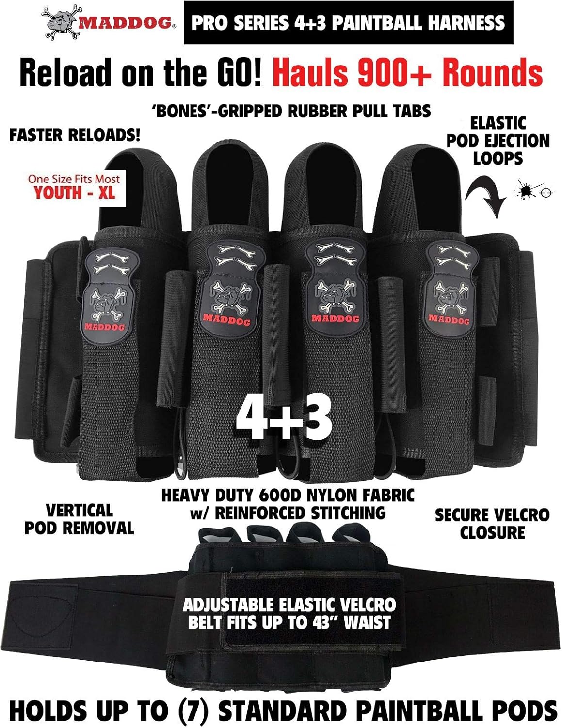 Maddog Pro 3+2 Paintball Harness Pod Pack | Pod Ejection | Adjustable Elastic Velcro Belt