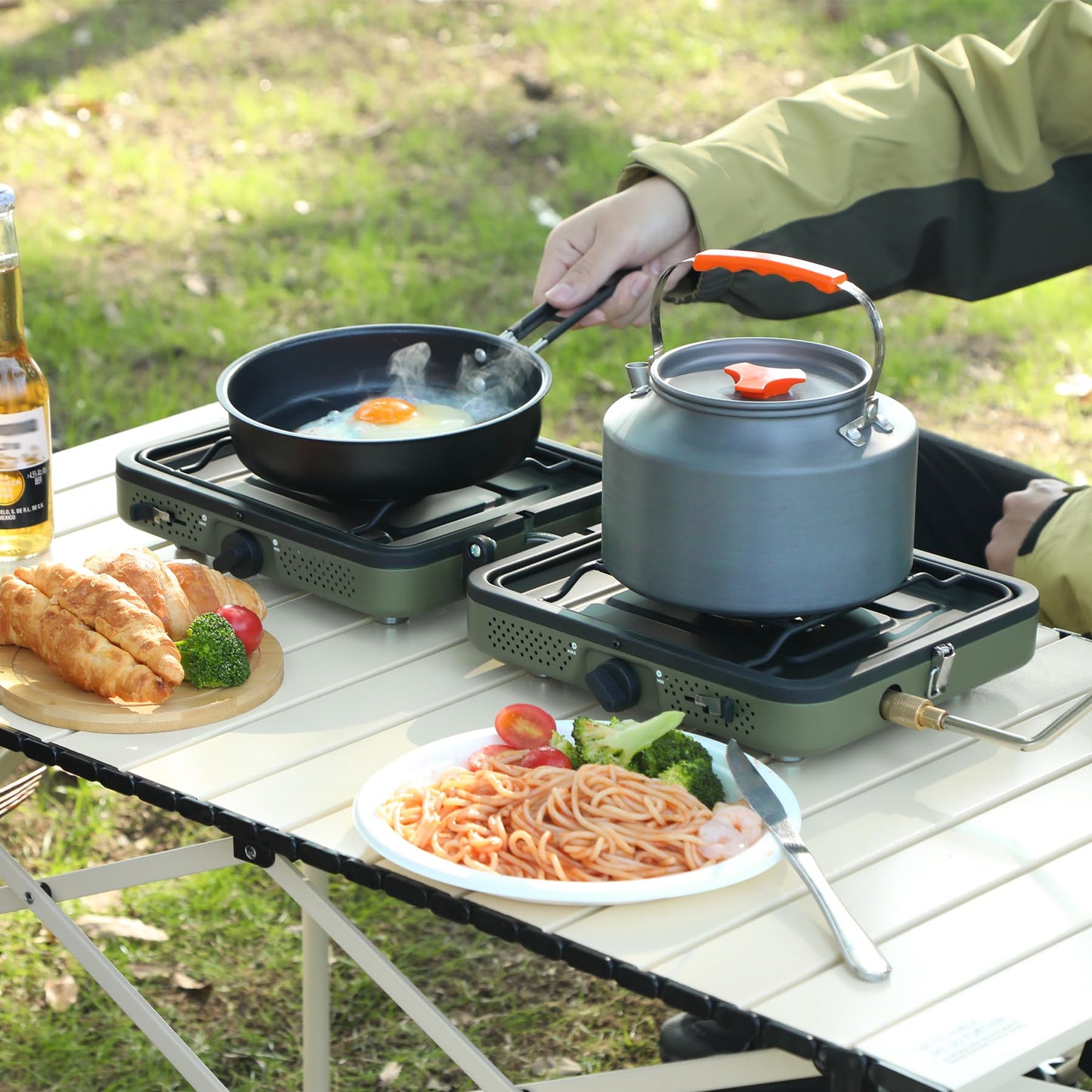 ALBOMI 2 Burner Propane Camping Stove,Portable Folding Gas Stove for Camping with 17200 BTU,Two Adjustable Burners with Easy Carrying Handle&Inlet Gas Pipe,Outdoor Camp Stove for Camping Backpacking