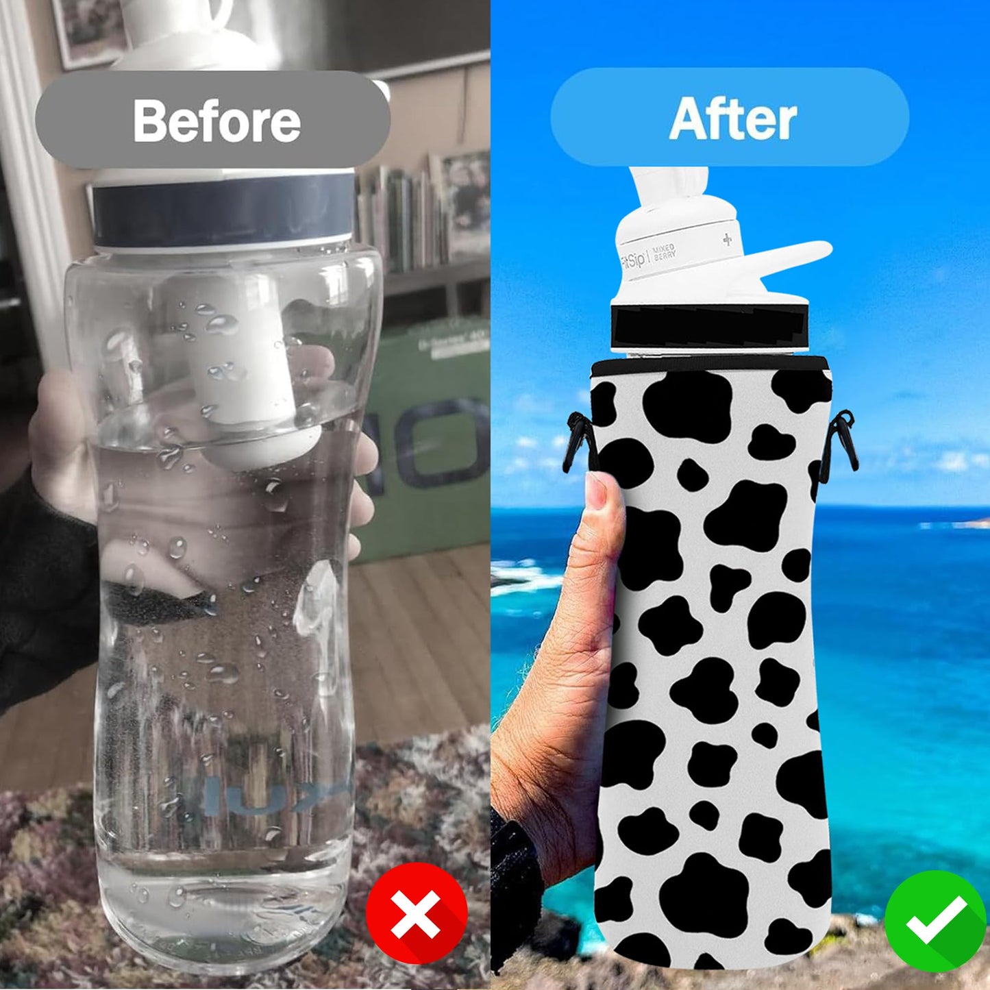 ARefugen 2Pcs Neoprene Insulated Sleeve for 32 oz Cirkul Water Bottle - Holder Carrier with Shoulder Strap (Cow and Black)