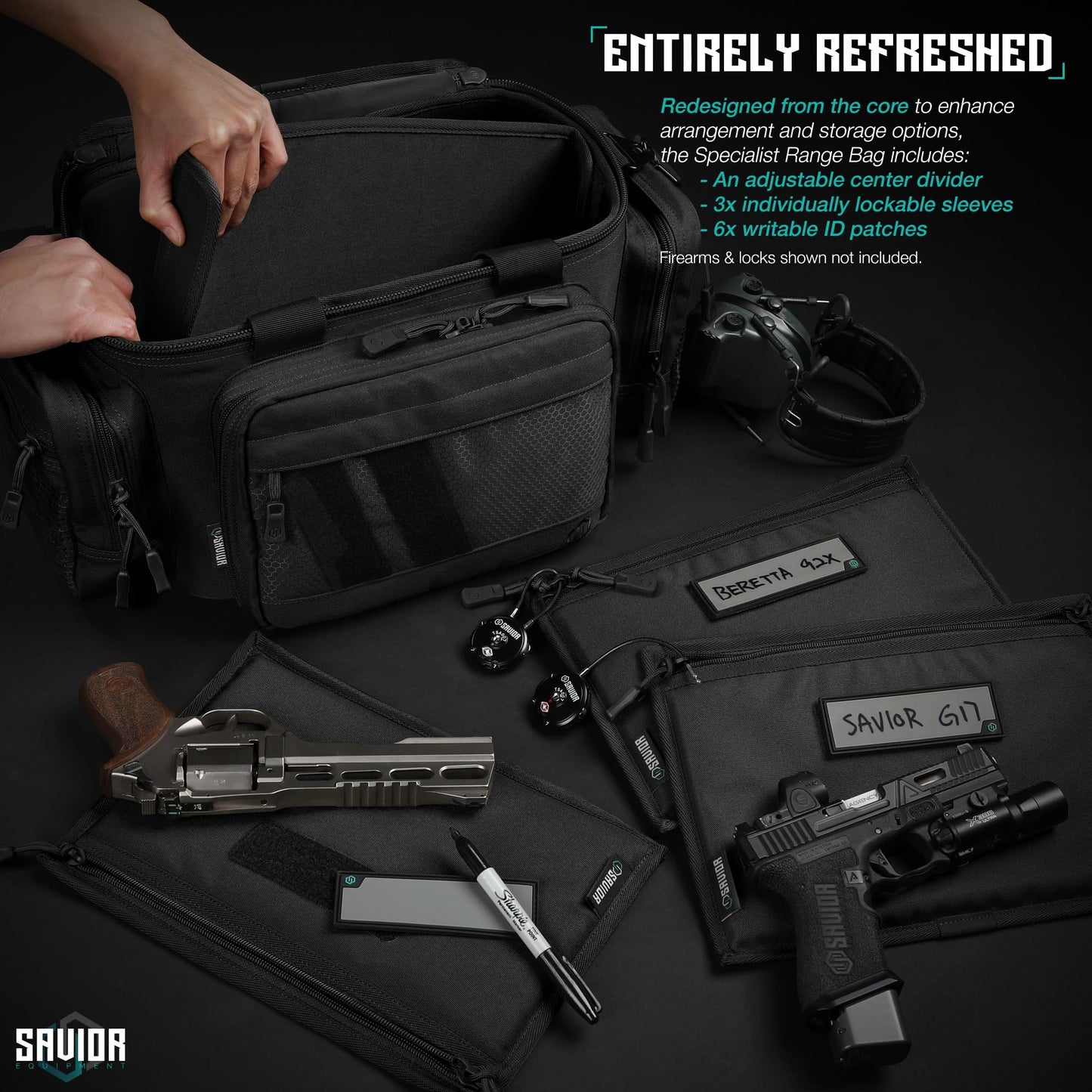 Savior Equipment Specialist Series Tactical Triple Pistol Shooting Range Hunting Duffle Bag Gun Carrying Case, Rigid Compartment Frame, Lockable Zippers, 3 Handgun Sleeves & Shoulder Strap Included