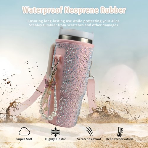 Water Bottle Carrier Bag for 40oz Tumbler - Cup Belt Bag with Adjustable Strap, Straw Cover & Pearl Bracelet - Cup Accessories(Pink Diamond Pro)