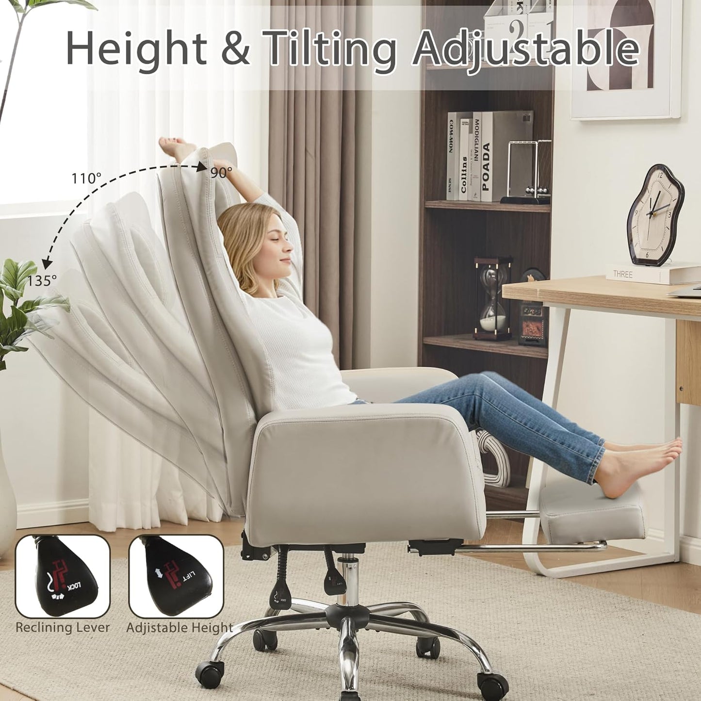 Ergonomic Cross Legged Office Chair with Footrest,Leather Big and Tall Executive Chair with Wheels,Reversible Armrest and Lumbar Pillow,135° Reclining Computer Wide Desk Chair for Home,Office (Beige)