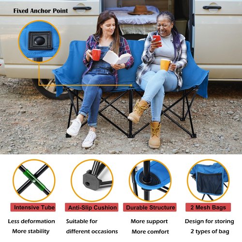 HaSteeL Folding Camping Chair, Portable Double Outdoor Loveseat for 2 Adults Person, Durable Foldable Collapsible Chairs for Camp Patio Picnic Beach Travel, Support 600Lbs, for Women & Men, Blue