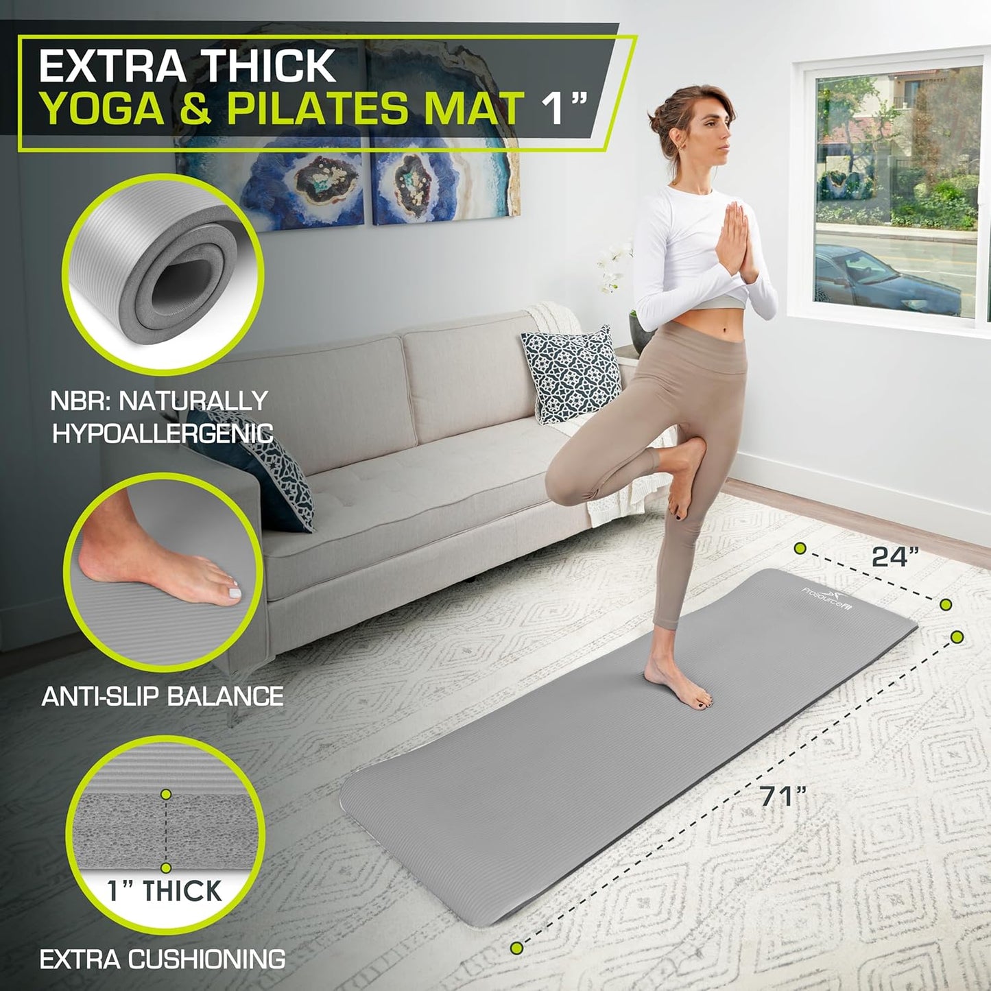 Extra Thick ½” Yoga & Pilates Mat - 71” High Density Foam with Carry Strap