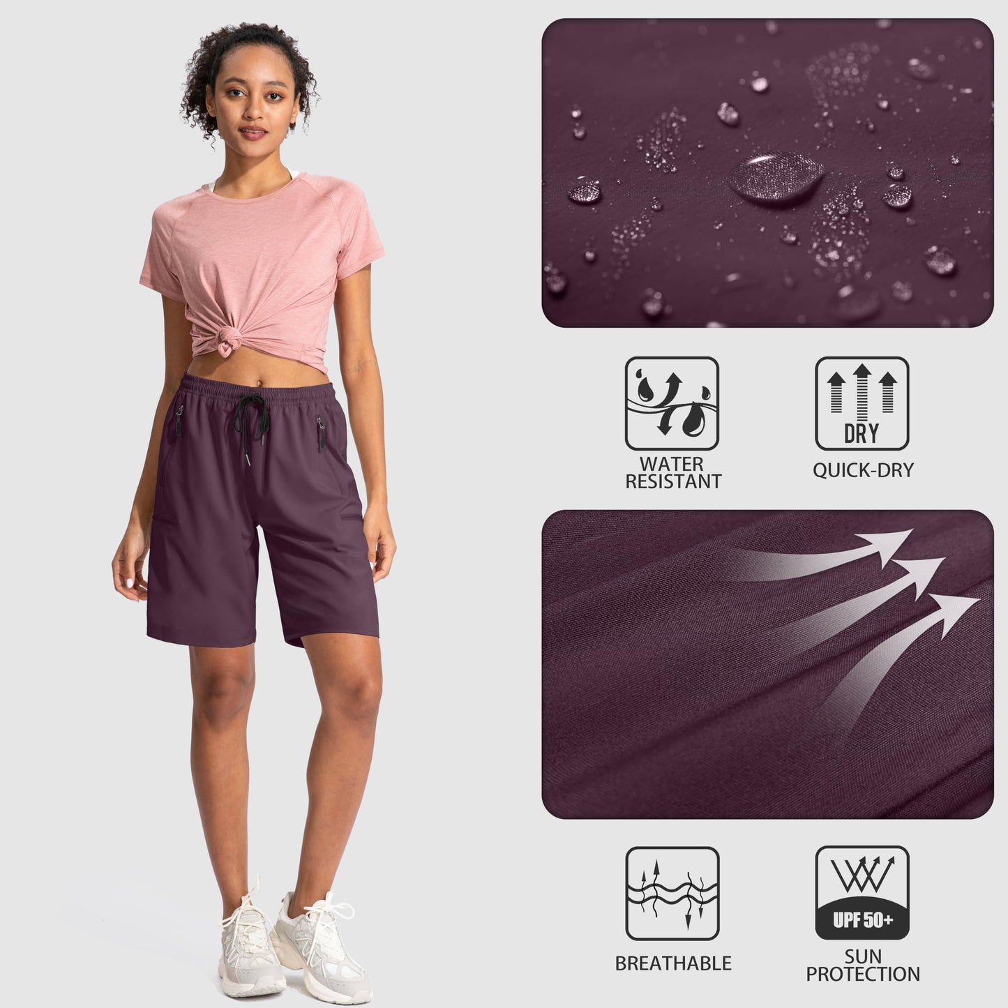 SANTINY Women's 5''/ 7''/9'' Hiking Cargo Shorts Quick Dry Lightweight Summer Shorts for Women Athletic Golf Zipper Pockets(Wine_3XL)