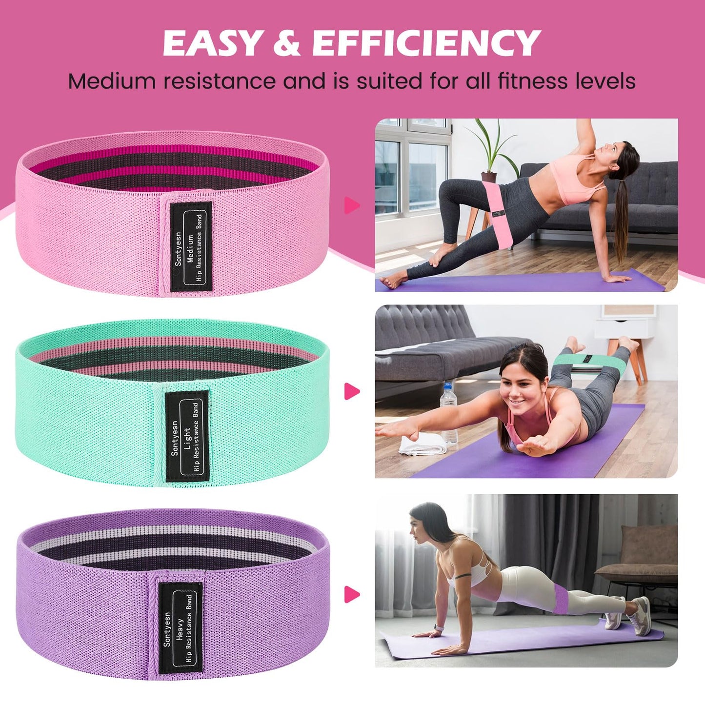 4 fabric hip lift resistance bands for men and women-hip and leg resistance bands, fabric exercise bands for yoga, Pilates and home exercise, with exercise guides (Light Gray, Gray, black)