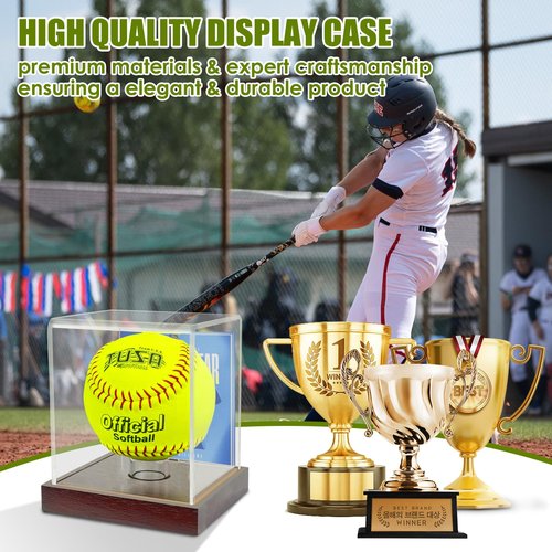 UV Protected Softball/Baseball Display Case with Hard Solid Wooden Base - Holds 11/12 inch Balls, 4x4 Photo Slot & Ring Holder (4x4x4.8inch)