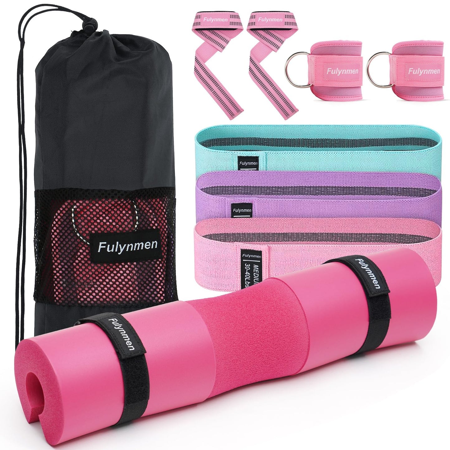 Fulynmen 9Pcs Barbell Pad Set, Hip Thrust Pad, Squat Pad, Gym Accessories Essentials Women Equipment With Barbell Pad for Hip Thrust, 2 Lifting Wrist Straps for Weightlifting, 2 Ankle Straps for Cable Machines, 3 Resistance Bands for Working Out, Carry Ba