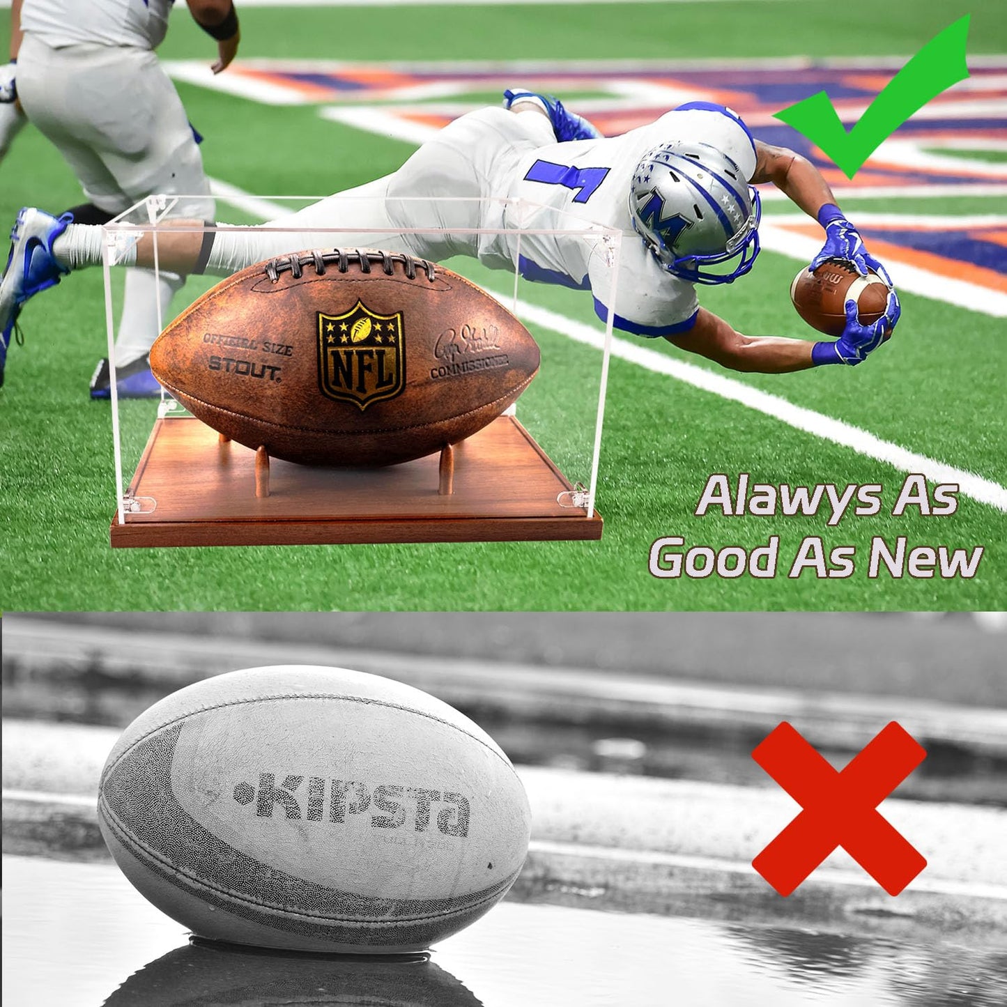 Football Display Case, Clear Acrylic Box with Wood Stand, Full Size Football Cases for Memorabilia & Signed , UV Protection, Dust Proof, Walnut