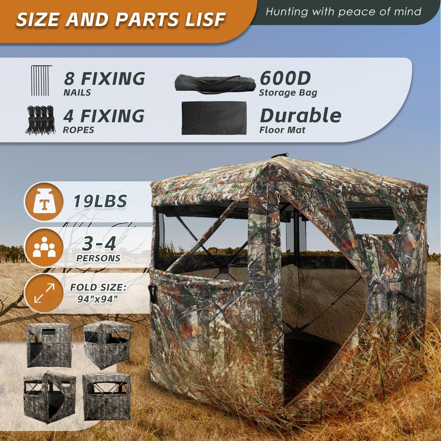FUNHORUN Hunting Blind with Floor Mat, 360 Degree See Through Ground Blind with Carrying Bag, 3/4 Person Pop Up Camouflage Tent Portable Concealed Shelter