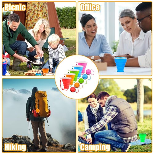 QEEYON 5Pcs Silicone Collapsible Cup for Travel, Reusable Folding Camping Cup Mug with Lids, Portable Expandable Drinking Cup Collapsible Water Cups Mugs Set Telescopic Camping Tumblers for Hiking