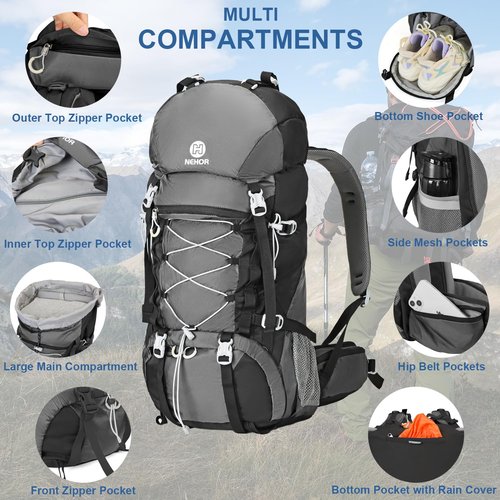 NEHOR 60L Hiking Backpack, Water Resistant Camping Backpack with Rain Cover, Large Lightweight Hiking Bag Outdoor Travel Daypack for Men Women, Black