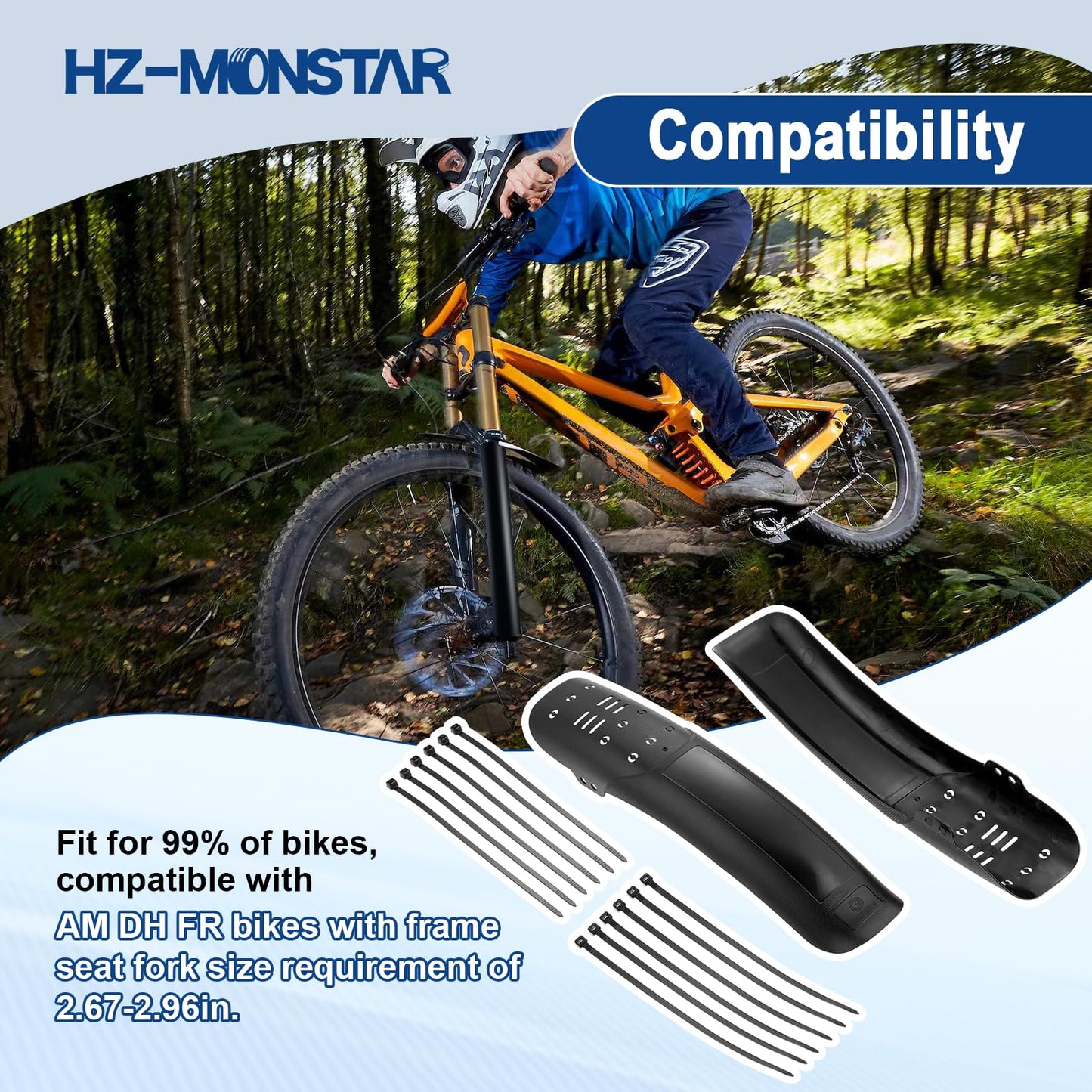 HZ-MONSTAR 2Pcs Universal Mountain Bike Mud Guard, Adjustable Road Mountain Bicycle Mud Guard, Bicycle Rear and Front Mountain Bike Mud Guard Set, 14.37“ Length 3.15” Width