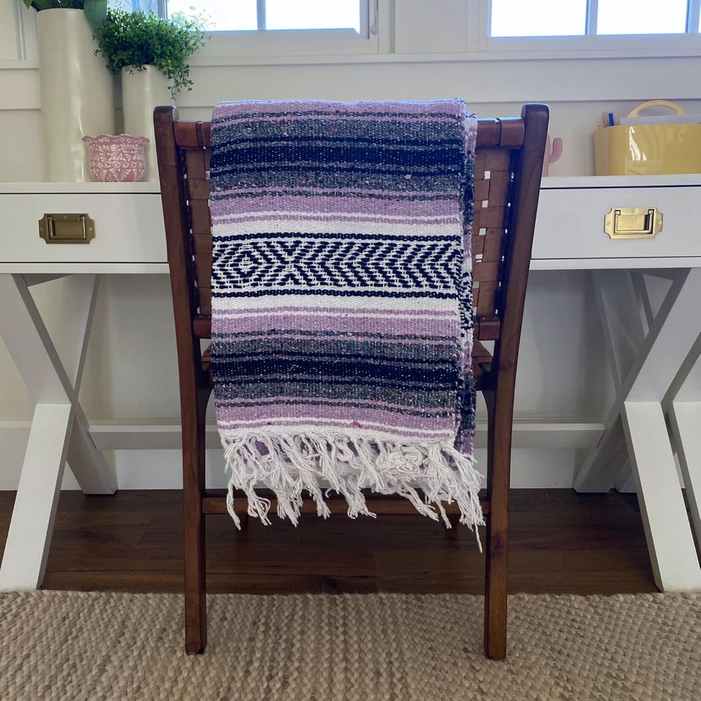 Authentic Del Mex Large Mexican Blanket - Woven Falsa Throw (70"x50") for Beach, Yoga & Outdoor Decor - Pink/Tan