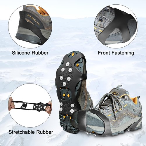 ice Snow Grips: 10 Nail Spikes, Stretchable Snow Grips for Men Women. Ideal for Winter Activities Like Walking, Running, Hiking, Mountaineering, Ice Fishing, or Dog-Walking (M:13-16 W:11-14)