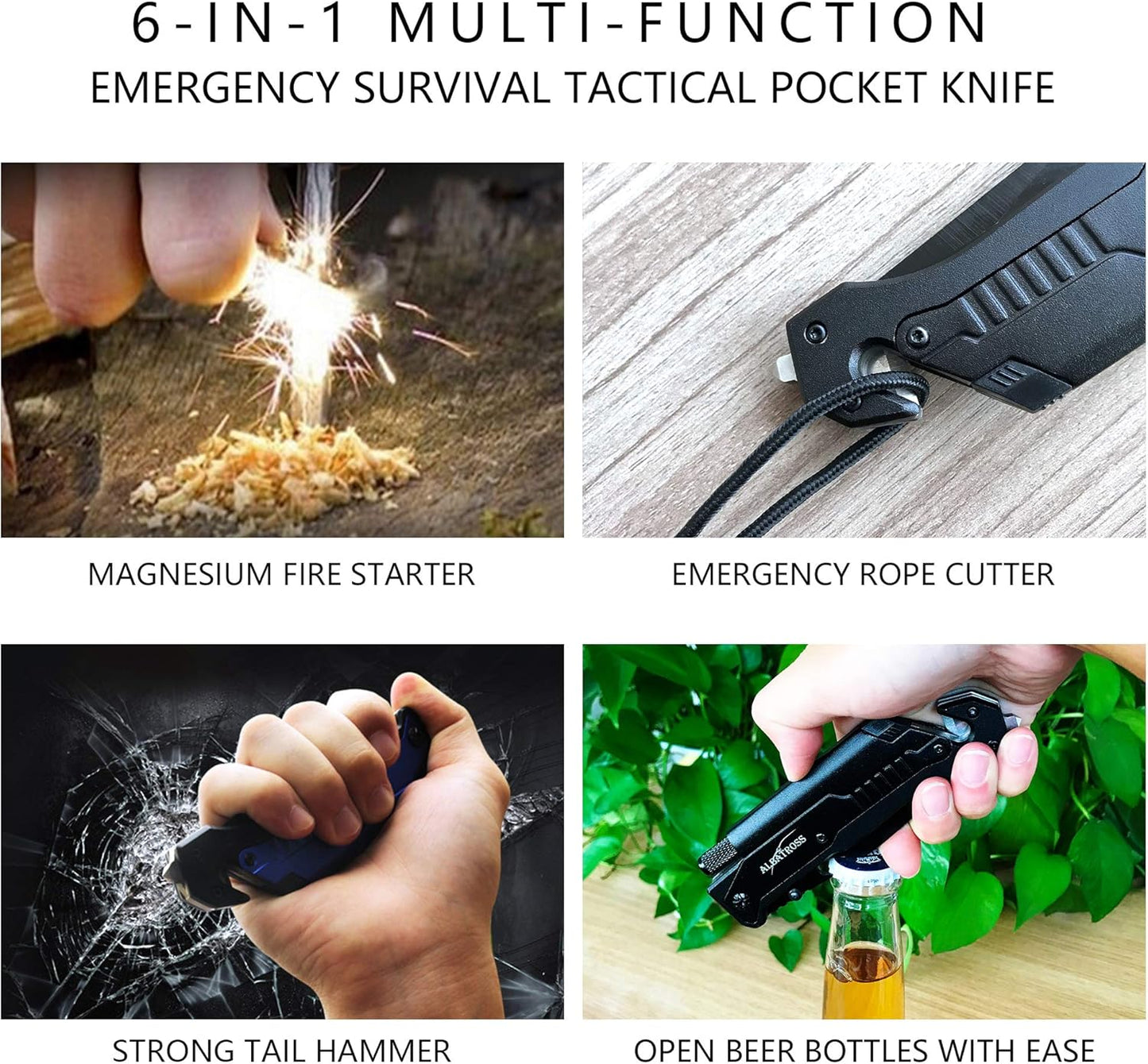 ALBATROSS 6-in-1 Survival Tactical Military Folding Pocket Knives with LED Light,Seatbelt Cutter,Glass Breaker,Magnesium Fire Starter,Bottle Opener;Multi-Function Emergency Tool(Black)