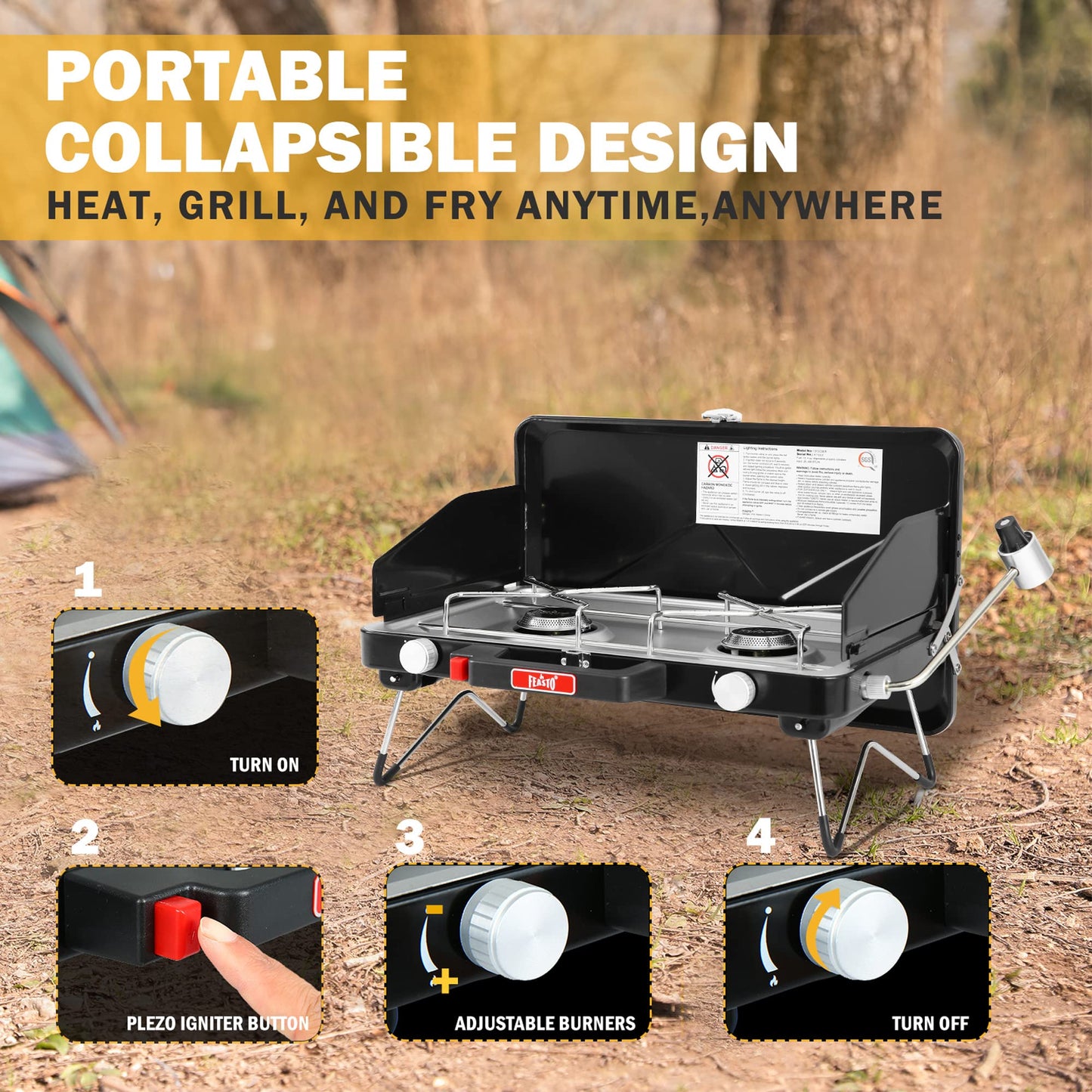 FEASTO Camping Propane Stove, Portable Camping Grill Stove, Push-Button Ignition, Adjustable Windproof Burners, Wind Guards, Folding Legs, 28,000 BTU Camping Stove, Outdoor Camping Cooking, Picnic