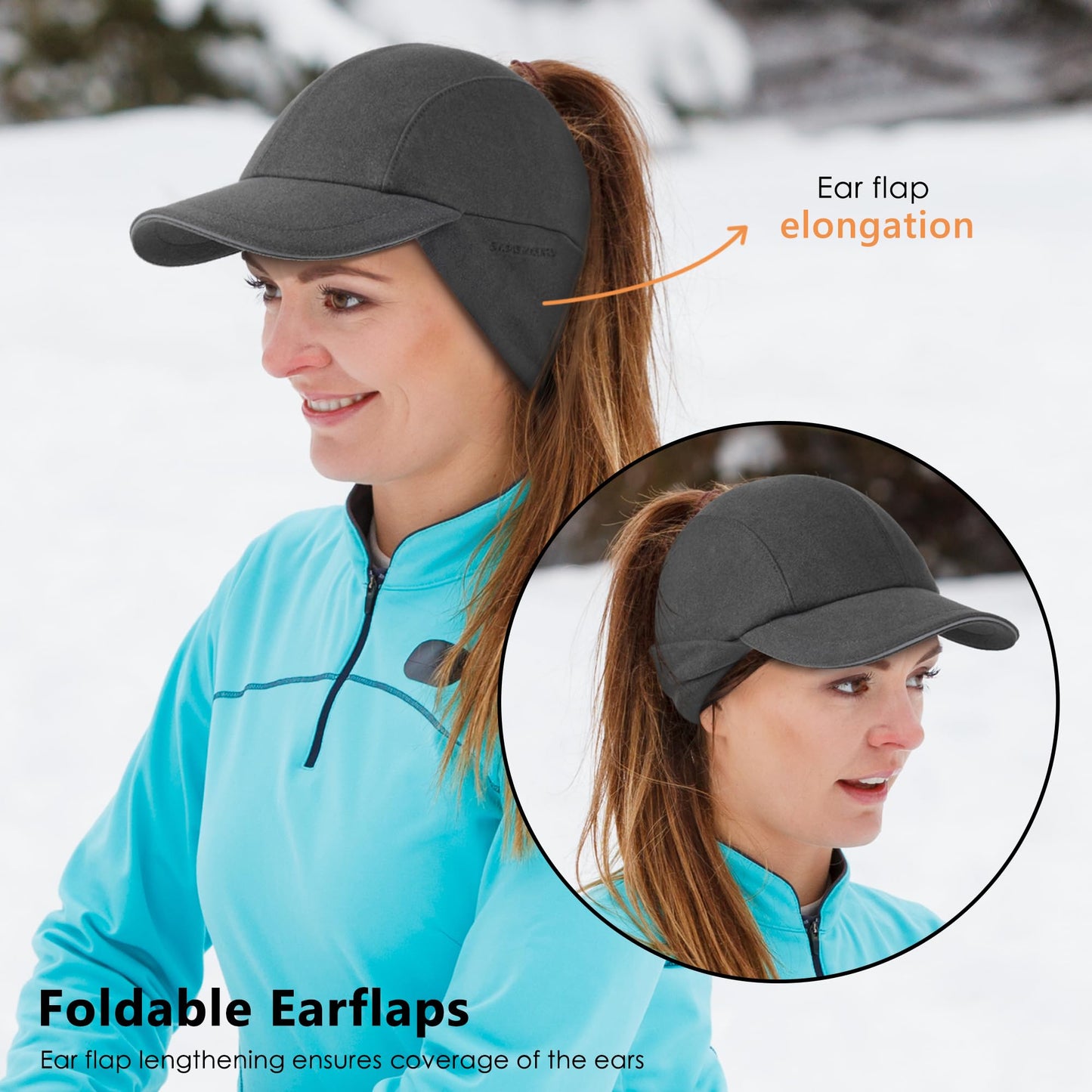 GADIEMKENSD Winter Running Baseball Cap Women Ponytail Beanie with Ear Warmer Hiking Hat Reflective Fleece Ball Cap Warm Ear Flaps Cold Weather for Hunting Snow Skiing Sports Black