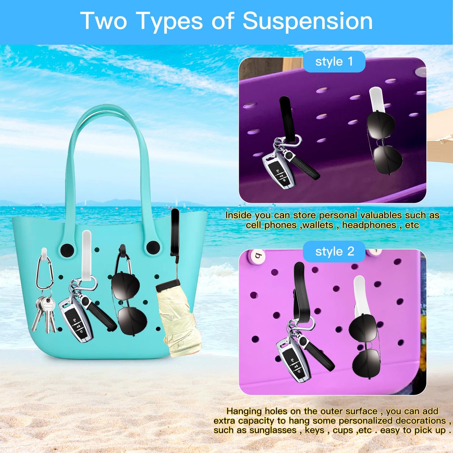 4 Pcs Hooks Set Accessories Compatible for Bogg Bag, Bogg Bag Accessories, Insert Carabiner Key Chain Holder Charms, Compatible for Small & Large Beach Bags (White)