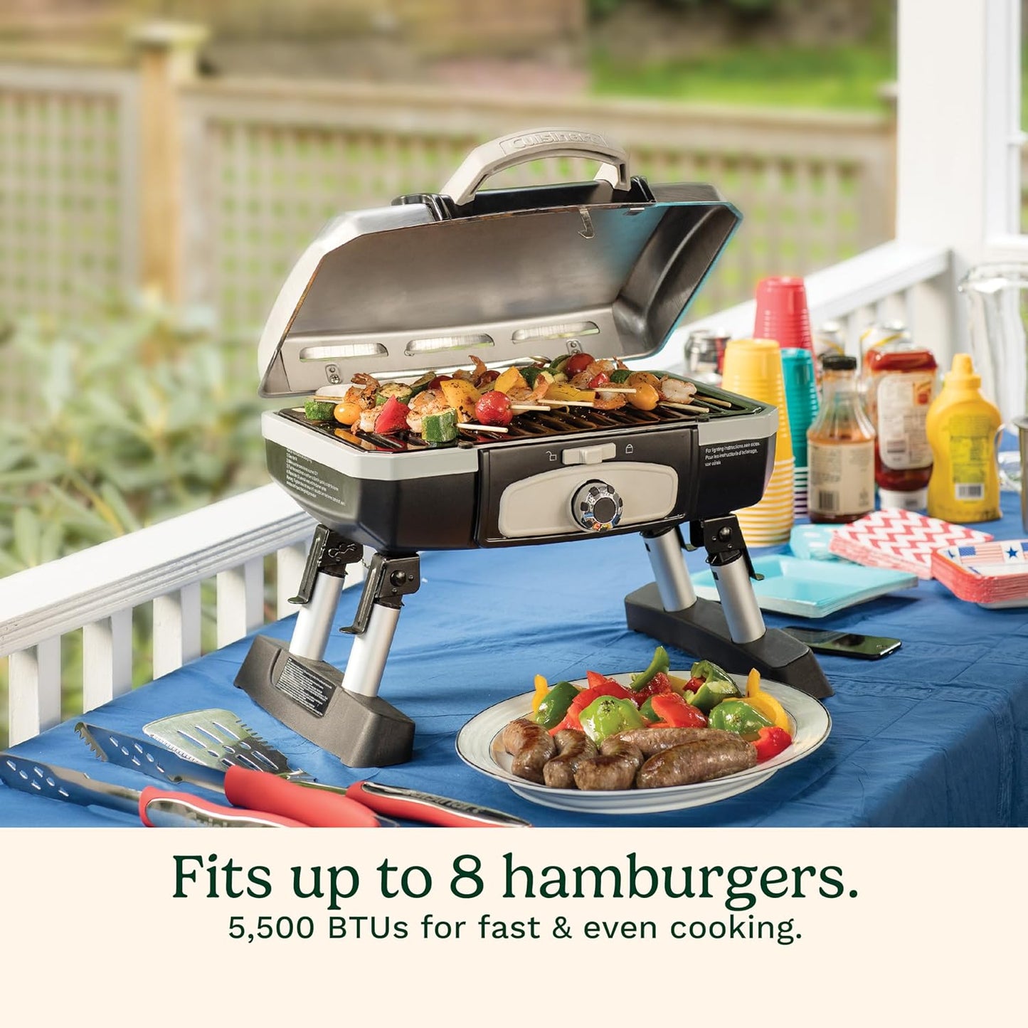 Portable Cuisinart Petite Gourmet Gas Grill - Compact 150 Sq. In. Propane BBQ with 5,500 BTU Burner, Folding Legs & Carry Handles
