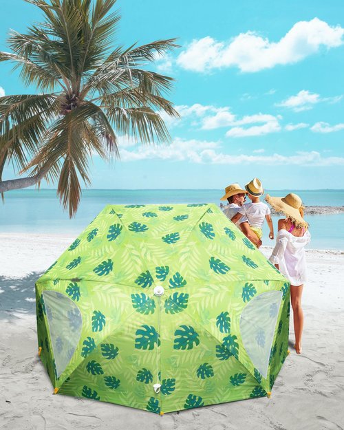 OutdoorMaster Pop Up Beach Umbrella, Portable Tent Shelter, Beach Shade Sun Canopy with UPF 50+ UV Protection, Extendable Floor with Carrying Bag - Golden Amber