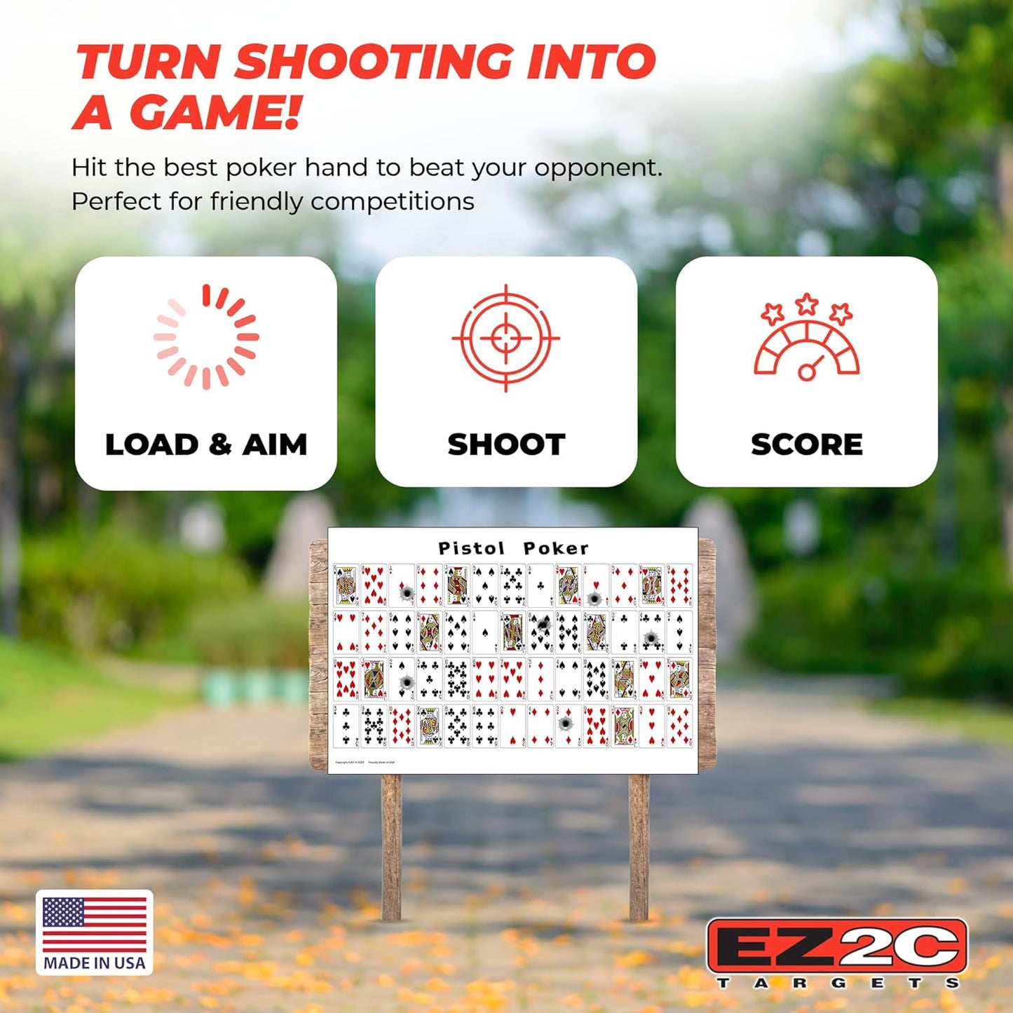 EZ2C paper targets for shooting, sheet of 52 random sorted playing cards range targets - bullseye shooting targets game on back side, both side gun target, 12"x18" (20 pack)
