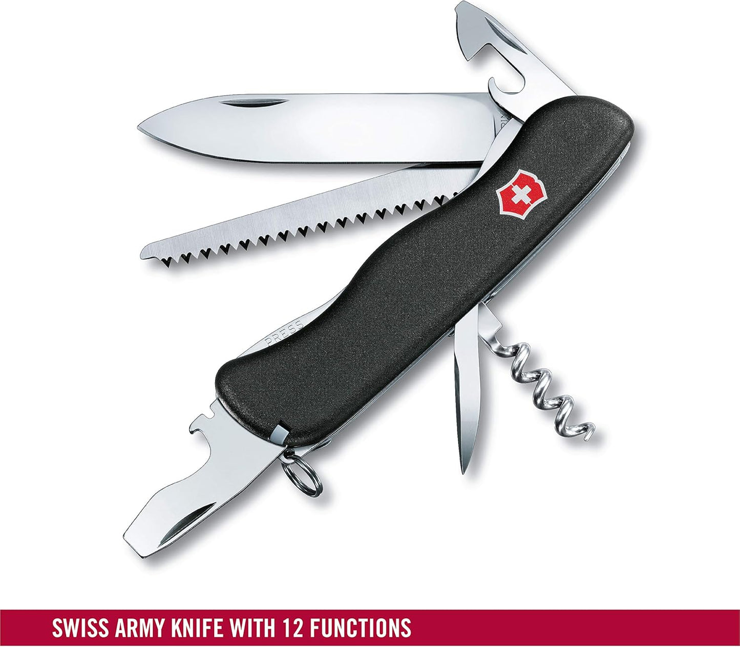 Victorinox Forester Swiss Army Knife, 12 Function Swiss Made Pocket Knife with Large Blade, Wood Saw and Reamer/Punch - Black