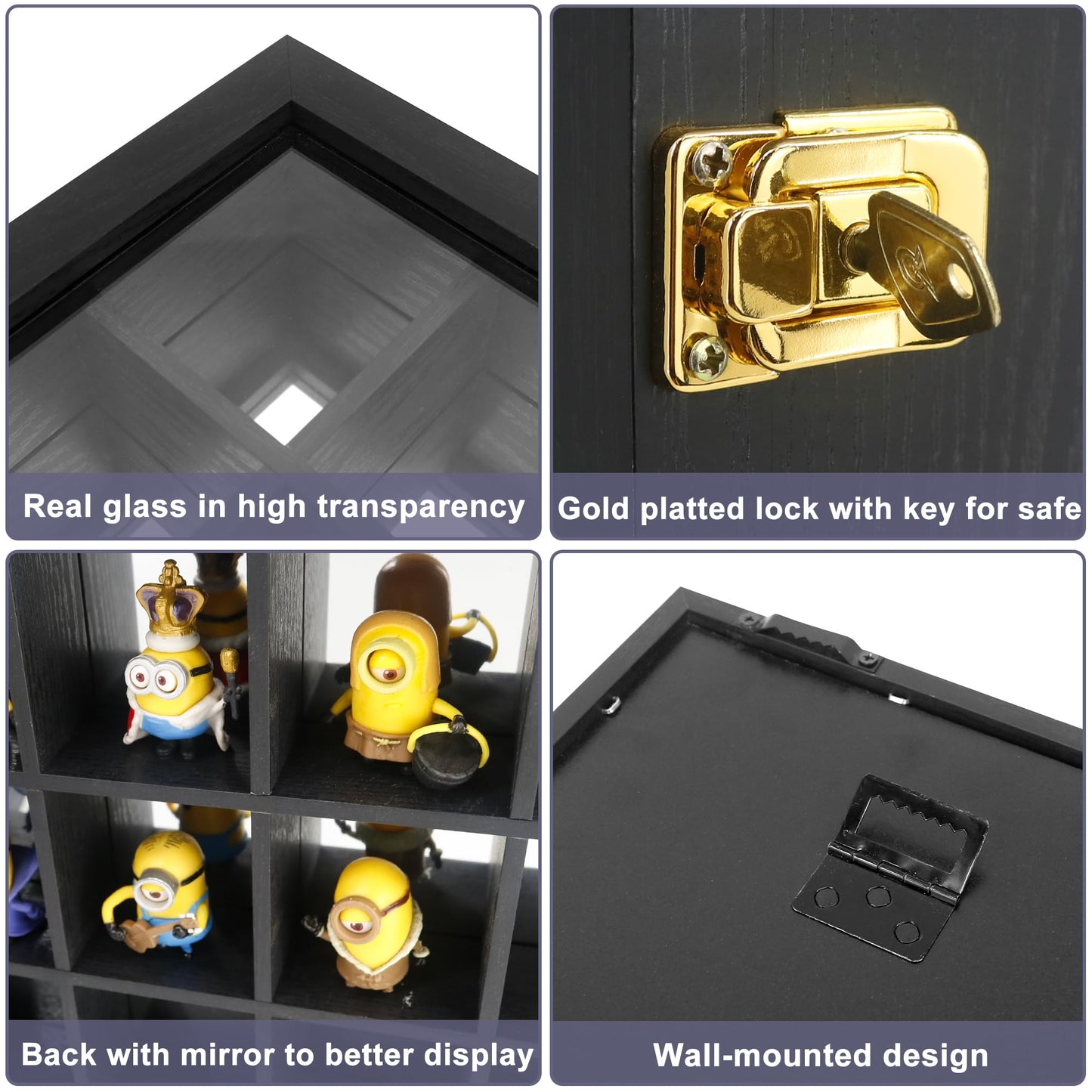 FramePro Black Shot Glass Display Case 30 Slots with Mirror Background Large Wooden Cabinet Rack Holder Mini Helmet Collection Wall Mounted Shadow Box Lockable with Tempered Glass Door 15.5*20 Inches