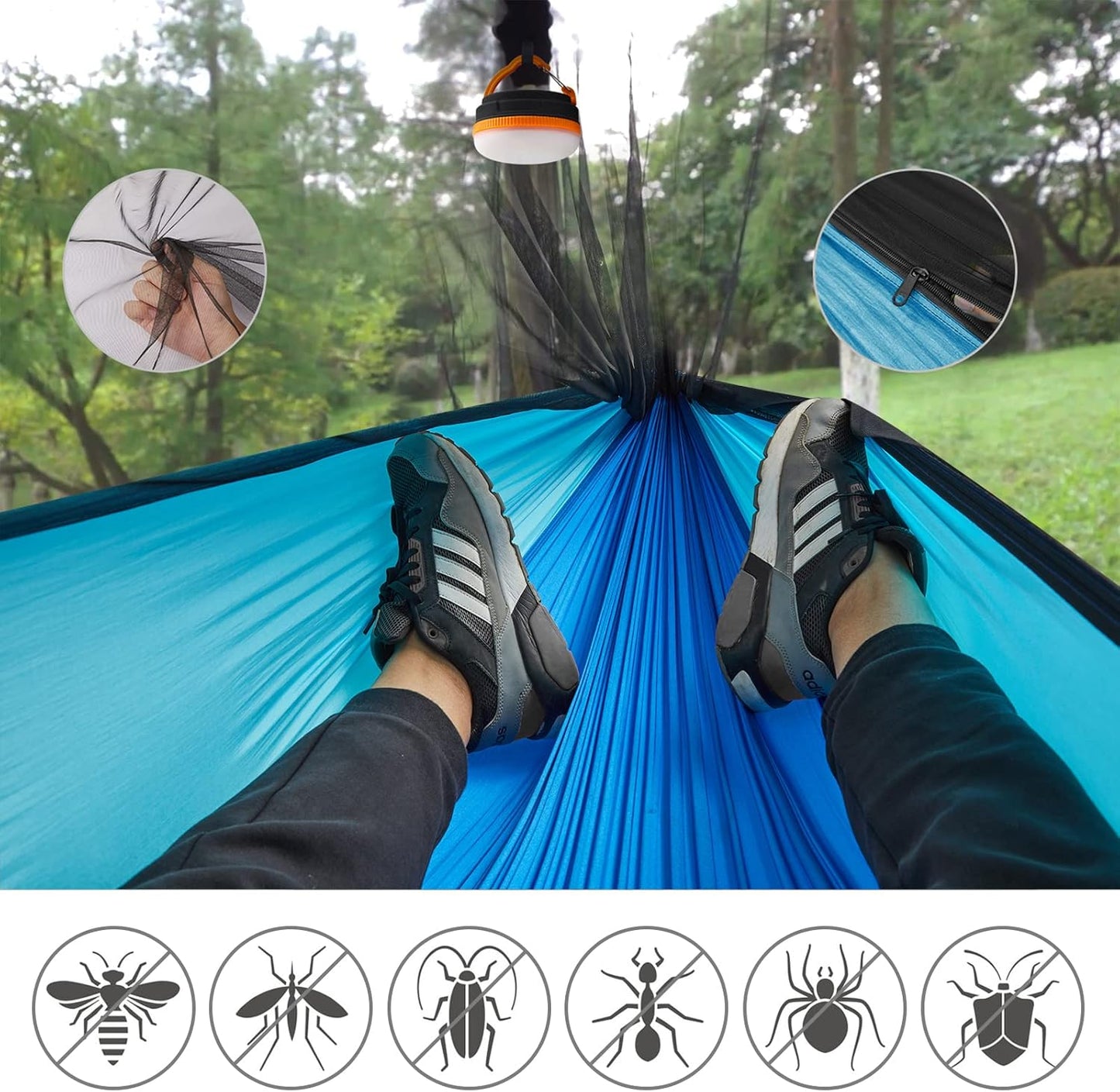 G4Free Large Camping Hammock with Mosquito Net 2 Person Pop-up Parachute Lightweight Hanging Hammocks Tree Straps Swing Bed for Outdoor Backpacking Backyard Hiking