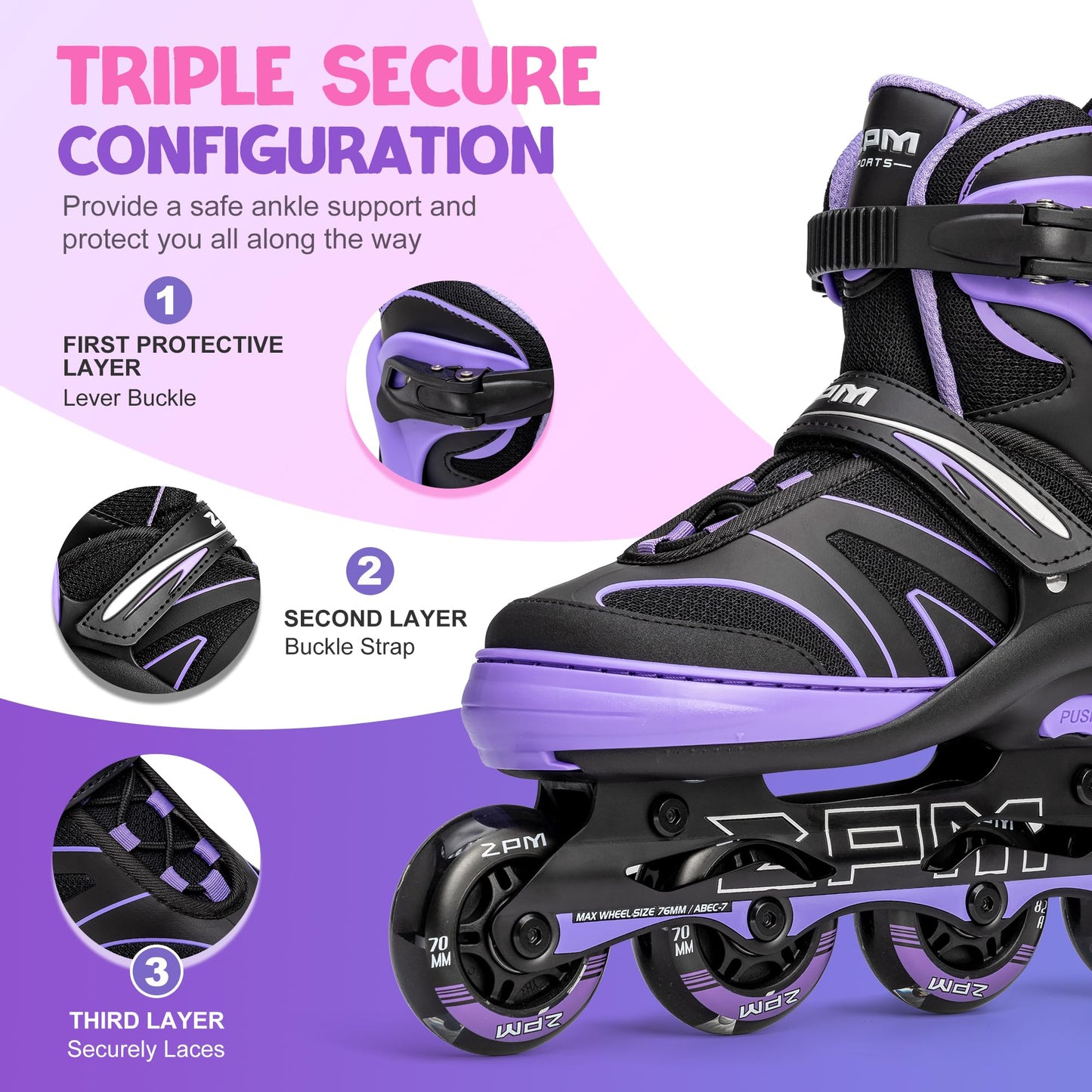 2PM SPORTS Kids Adjustable Inline Skates Ages 4-12, Youth Inlie Skates for Girls Boys 5-8 8-12 with Full Light Up Wheels, Beginner Women Men Adult Skates - Purple Medium
