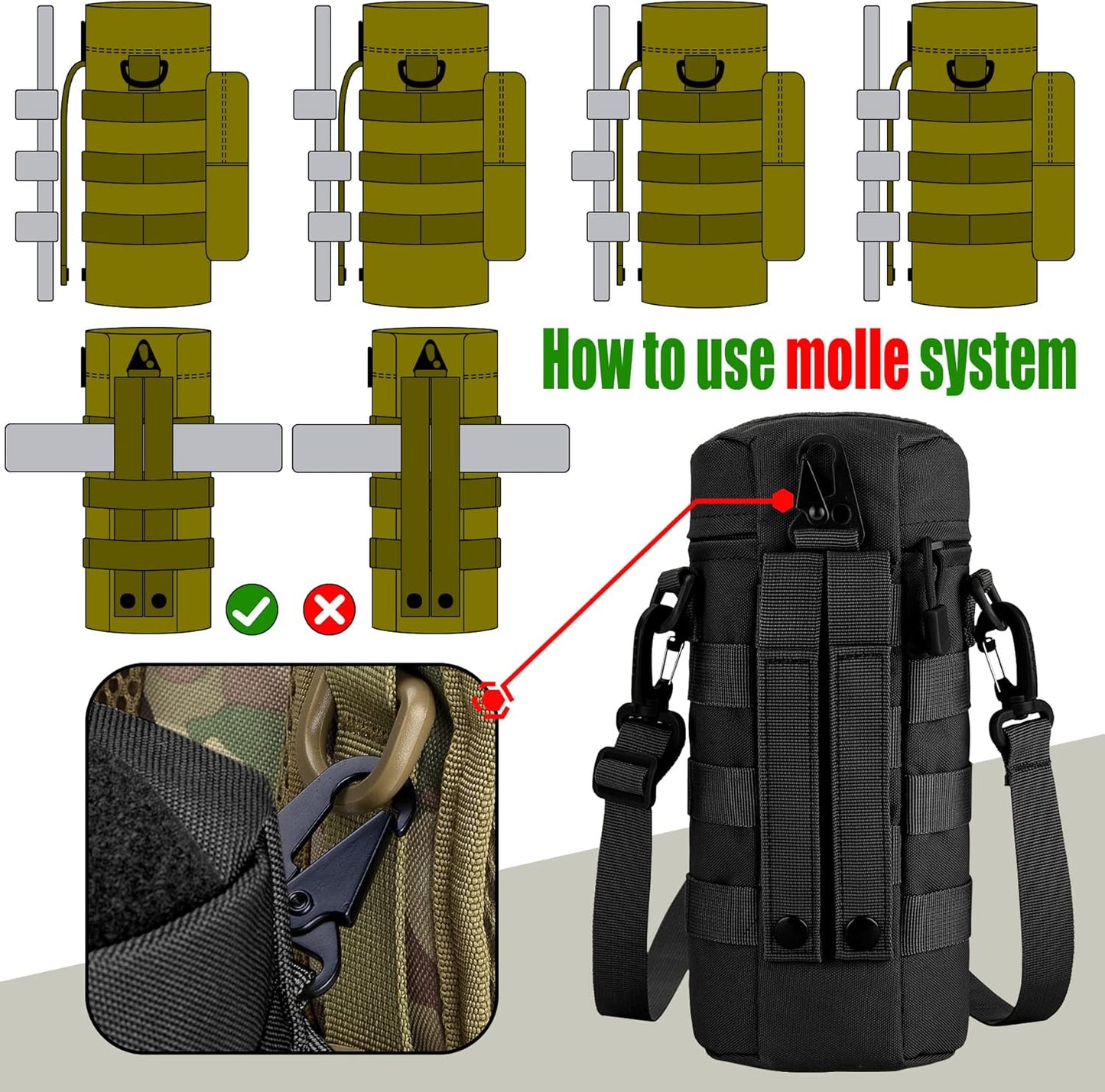 IronSeals Tactical Molle Water Bottle Holder Pouch Hydration Carrier Bag with Detachable Shoulder Strap