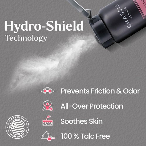 Chassis Her Talc-Free Body Powder with Hydro-Shield Technology, Unscented Feminine Corn Starch Powder for Women, Sweat and Odor Control
